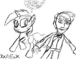 Size: 696x539 | Tagged: safe, artist:xxmobianequinexx, lyra heartstrings, human, pony, unicorn, g4, bowtie, clothes, doctor who, duo, female, grayscale, jacket, looking at each other, looking back, mare, matt smith, monochrome, ms paint, pants, simple background, sketch, smiling, thought bubble, time lord, white background