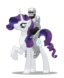 Size: 1471x1795 | Tagged: safe, artist:oddwarg, rarity, human, g4, crossover, looking at you, raised hoof, riding, robocop, simple background, transparent background