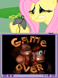 Size: 562x752 | Tagged: safe, fluttershy, pony, g4, diddy kong, donkey kong, donkey kong country, exploitable meme, female, game over, lip bite, mare, meme, nintendo, rareware, teary eyes, tv meme