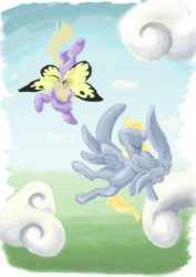 Size: 877x1240 | Tagged: safe, artist:rannva, derpy hooves, dinky hooves, pegasus, pony, unicorn, g4, butterfly wings, female, filly, mare, wings