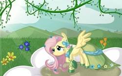 Size: 1440x900 | Tagged: safe, artist:cocolli, fluttershy, g4, clothes, dress, gala dress