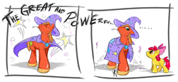 Size: 1500x689 | Tagged: safe, artist:littletiger488, apple bloom, big macintosh, earth pony, pony, g4, accessory swap, cape, clothes, duo, hat, male, stallion, the great and powerful, trixie's cape, trixie's hat