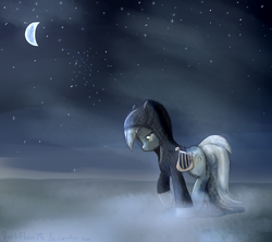 Size: 2564x2280 | Tagged: safe, artist:darkflame75, lyra heartstrings, pony, unicorn, fanfic:background pony, g4, clothes, female, fog, high res, hoodie, lyre, moon, musical instrument, night, ponies wearing black, sad, solo