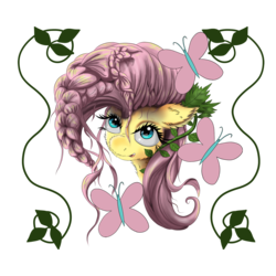 Size: 1500x1500 | Tagged: dead source, safe, artist:hereticofdune, fluttershy, butterfly, pony, g4, braid, bust, female, fluffy, looking at you, mare, open mouth, portrait, simple background, solo, stray strand, three quarter view, transparent background, vine