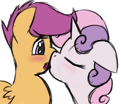 Size: 700x600 | Tagged: safe, artist:kryptchild, scootaloo, sweetie belle, pegasus, pony, unicorn, g4, duo, female, filly, foal, kissing, lesbian, ship:scootabelle, shipping