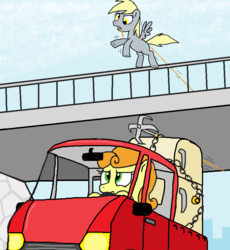 Size: 813x884 | Tagged: safe, artist:shutterflye, carrot top, derpy hooves, golden harvest, earth pony, pegasus, pony, g4, car, duo, female, grappling hook, i emptied your fridge, mare, refrigerator, this will end in tears