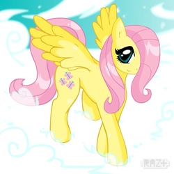 Size: 800x800 | Tagged: safe, artist:razplus, fluttershy, pegasus, pony, g4, cloud, female, looking at you, mare, sky, solo