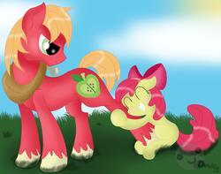 Size: 2052x1619 | Tagged: safe, artist:duskybby, apple bloom, big macintosh, earth pony, pony, g4, hug, male, stallion