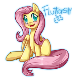 Size: 786x855 | Tagged: safe, artist:anthocat, fluttershy, butterfly, pegasus, pony, g4, blushing, colored pupils, cute, ear fluff, female, happy, hoof fluff, leg fluff, looking at you, mare, open mouth, shrunken pupils, shyabetes, simple background, sitting, smiling, solo, text, transparent background, wing fluff