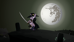 Size: 5541x3129 | Tagged: safe, artist:icaron, derpy hooves, twilight sparkle, pegasus, pony, g4, crossover, female, mare, mare in the moon, moon, show accurate, sword, vampire hunter d