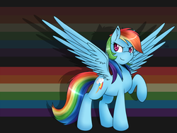 Size: 2200x1650 | Tagged: safe, artist:akashasi, rainbow dash, pegasus, pony, g4, female, grin, looking sideways, mare, rainbow, raised hoof, smiling, solo, spread wings, wings