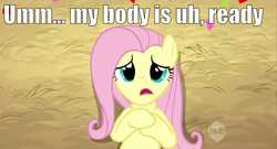 Size: 640x345 | Tagged: safe, fluttershy, pegasus, pony, g4, bust, female, image macro, mare, my body is ready, on back, solo
