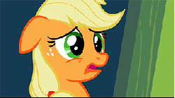 Size: 321x181 | Tagged: safe, screencap, applejack, earth pony, pony, g4, season 2, the cutie pox, animated, female, floppy ears, hatless, missing accessory, reaction image, solo