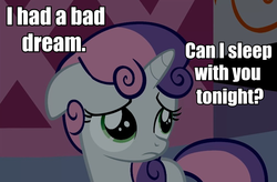 Size: 908x596 | Tagged: safe, sweetie belle, g4, bronybait, caption, cute, image macro, sad