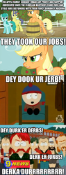 Size: 625x1639 | Tagged: safe, applejack, comet tail, spring melody, sprinkle medley, earth pony, pony, g4, caption, comedy central, female, hub logo, male, mare, parody, redneck, south park, they took our jobs