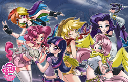 Size: 1280x824 | Tagged: safe, artist:mauroz, applejack, fluttershy, pinkie pie, princess celestia, princess luna, rainbow dash, rarity, twilight sparkle, human, g4, anime, anime style, belly button, cardboard twilight, clothes, fingerless gloves, front knot midriff, gloves, humanized, mane six, midriff, my little pony logo, one eye closed, open mouth, rear view, royal sisters, shorts, skirt, stock vector, wallpaper, wink