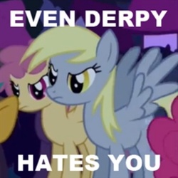 Size: 420x420 | Tagged: safe, derpy hooves, dizzy twister, orange swirl, pinkie pie, snails, pegasus, pony, boast busters, g4, angry, derpy hooves is not amused, dizzy twister is not amused, female, image macro, mare, solo focus, unamused, underp, upset, white text