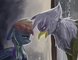 Size: 1025x785 | Tagged: safe, artist:terrac0tta, gilda, rainbow dash, griffon, g4, crying