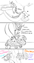 Size: 792x1453 | Tagged: safe, artist:ross irving, discord, fluttershy, human, g4, beehive, blindfold, clothes, comic, female, humanized, male, monochrome, partial color, piñata, simple background, this will end in tears, white background