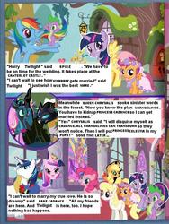 Size: 752x1000 | Tagged: safe, edit, applejack, pinkie pie, princess cadance, queen chrysalis, rainbow dash, scootaloo, shining armor, spike, twilight sparkle, oc, oc:yellowstar, changeling, changeling queen, g4, comic, female