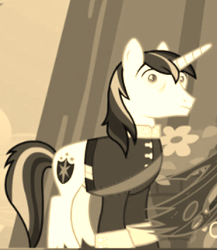 Size: 376x434 | Tagged: safe, edit, edited screencap, screencap, shining armor, pony, unicorn, a canterlot wedding, g4, clothes, cropped, hypnosis, hypnotized, male, sepia, shrunken pupils, solo focus, stallion, uniform, wide eyes