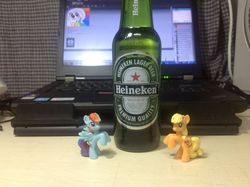 Size: 2048x1529 | Tagged: safe, applejack, fluttershy, rainbow dash, g4, alcohol, blind bag, computer, heineken, irl, laptop computer, photo, school, thinkpad, toy