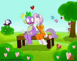 Size: 5000x4000 | Tagged: safe, artist:lordvader914, apple bloom, rarity, scootaloo, spike, sweetie belle, earth pony, anthro, unguligrade anthro, g4, absurd resolution, cutie mark crusaders, disgusted, female, heart, interspecies, kissing, male, ship:spikebelle, shipper on deck, shipperity, shipping, straight