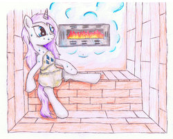 Size: 1024x822 | Tagged: safe, artist:alleynurr, rarity, pony, g4, female, sauna, solo, sweat, wet, wet mane, wet mane rarity