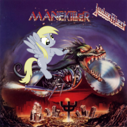 Size: 700x700 | Tagged: safe, artist:jblesh, derpy hooves, pegasus, pony, g4, album cover, female, heavy metal, judas priest, mare, painkiller, parody, ponified, ponified album cover