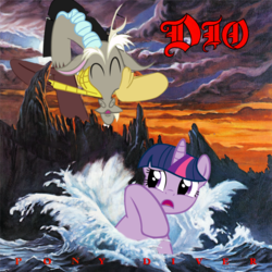 Size: 800x800 | Tagged: safe, artist:jblesh, edit, edited screencap, screencap, discord, twilight sparkle, g4, :3, album cover, d:, dio, eyes closed, frown, heavy metal, holy diver, metal, murray, open mouth, parody, ponified, ponified album cover, smiling, sunset, traditional art, water, wave