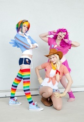 Size: 3472x5056 | Tagged: safe, artist:aktrez, artist:donknnj, applejack, pinkie pie, rainbow dash, human, g4, converse, cosplay, irl, irl human, photo, wondercon, wondercon 2012