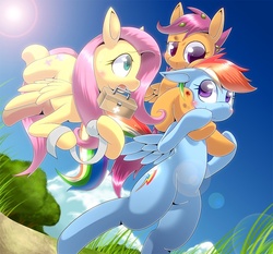 Size: 833x777 | Tagged: safe, artist:oze, fluttershy, rainbow dash, scootaloo, pegasus, pony, g4, bandage, bipedal, blood, cloud, female, filly, first aid kit, flying, injured, lens flare, mare, riding, scootaloo riding rainbow dash, scootalove