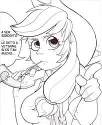 Size: 782x960 | Tagged: safe, artist:mrw32, applejack, human, g4, black and white, breasts, busty applejack, female, grayscale, gun, humanized, monochrome, solo, spanish, speech bubble, translated in the comments, weapon