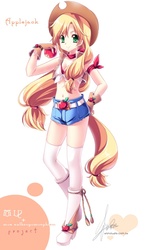 Size: 578x987 | Tagged: safe, artist:sakuranoruu, applejack, human, g4, apple, belly button, belt, boots, clothes, female, fingerless gloves, gloves, humanized, obligatory apple, pixiv, shorts, solo, tailed humanization, thigh highs