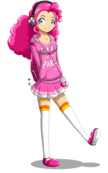 Size: 750x1192 | Tagged: safe, artist:chiibe, pinkie pie, human, g4, clothes, cute, cutie mark headphones, diapinkes, female, hands behind back, headphones, hoodie, humanized, life is a party, music player, simple background, skirt, socks, solo, transparent background, zettai ryouiki