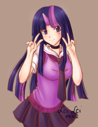 Size: 625x807 | Tagged: safe, artist:priestessleilei, twilight sparkle, human, g4, clothes, female, horn, horned humanization, humanized, skirt, solo