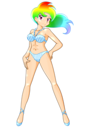Size: 1288x1808 | Tagged: safe, artist:pumpkinchans, rainbow dash, human, g4, armpits, belly button, bikini, clothes, duo, female, humanized, simple background, solo, striped swimsuit, swimsuit, transparent background