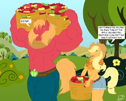 Size: 1375x1100 | Tagged: safe, artist:ziude, applejack, big macintosh, earth pony, anthro, g4, abs, apple, armpits, basket, biceps, brother and sister, clothes, daisy dukes, denim, dialogue, duo, eye clipping through hair, female, food, front knot midriff, great macintosh, height difference, jeans, male, mare, midriff, muscles, muscular male, pants, pecs, shorts, siblings, speech bubble, stallion, stupid sexy big macintosh, topless, wat
