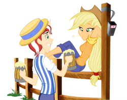 Size: 2161x1700 | Tagged: safe, artist:moostargazer, applejack, flim, human, g4, cider, clothes, duo, female, fence, horn, horned humanization, humanized, male, simple background, transparent background