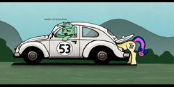 Size: 1000x500 | Tagged: safe, artist:backroundpony, edit, bon bon, lyra heartstrings, sweetie drops, g4, car, disney, fixing, herbie, vehicle, volkswagen, volkswagen beetle