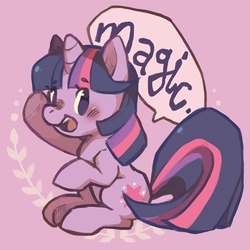 Size: 500x500 | Tagged: safe, artist:mi-eau, twilight sparkle, pony, unicorn, g4, female, magic, mare, one word, open mouth, purple background, simple background, solo, speech bubble, unicorn twilight