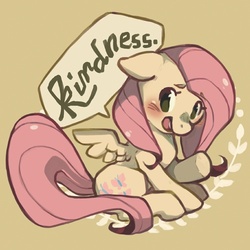 Size: 500x500 | Tagged: safe, artist:mi-eau, fluttershy, pegasus, pony, g4, cute, element of kindness, female, mare, one word, open mouth, simple background, solo, speech bubble, yellow background