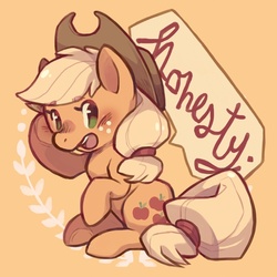 Size: 500x500 | Tagged: safe, artist:mi-eau, applejack, earth pony, pony, g4, female, mare, one word, open mouth, orange background, simple background, sitting, solo