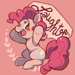 Size: 500x500 | Tagged: safe, artist:mi-eau, pinkie pie, earth pony, pony, g4, element of laughter, female, mare, one word, open mouth, pink background, simple background, solo