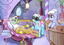 Size: 1700x1200 | Tagged: safe, artist:muffinshire, gilda, lotus blossom, rainbow dash, griffon, g4, hair curlers, mud mask, spa