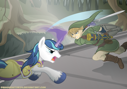 Size: 2569x1813 | Tagged: safe, artist:primogenitor34, shining armor, hylian, pony, unicorn, g4, crossover, duo, fight, forest, link, magic, magic aura, male, nintendo, royal guard, ruins, stallion, the legend of zelda, the legend of zelda: twilight princess