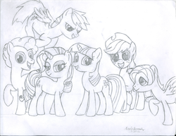 Size: 1100x850 | Tagged: safe, artist:appledashwins, applejack, fluttershy, pinkie pie, rainbow dash, rarity, twilight sparkle, g4, bubble berry, butterscotch, headcanon, lineart, mane six, monochrome, rainbow blitz, rule 63, traditional art