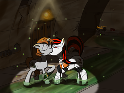 Size: 1600x1200 | Tagged: safe, artist:burnout42, oc, oc only, oc:blackjack, oc:littlepip, cyborg, pony, unicorn, fallout equestria, fallout equestria: project horizons, amputee, bottle, cybernetic legs, eyes closed, fanfic, fanfic art, female, hooves, horn, kiss on the lips, kissing, lesbian, mare, pipbuck, raised hoof, shipping, underground, water