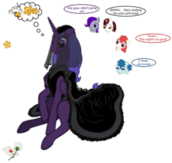 Size: 1012x958 | Tagged: safe, artist:shachza, oc, oc only, oc:blackjack, oc:lacunae, oc:morning glory (project horizons), oc:p-21, oc:rampage, alicorn, pegasus, pony, unicorn, fallout equestria, fallout equestria: project horizons, artificial alicorn, envelope, fanfic, fanfic art, female, flower, hooves, horn, love letter, male, mare, purple alicorn (fo:e), stallion, thought bubble, wings
