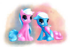 Size: 3000x2000 | Tagged: safe, artist:caumen, aloe, lotus blossom, earth pony, pony, g4, brush, duo, female, high res, mare, mouth hold, partial background, simple background, sitting, spa twins, transparent background